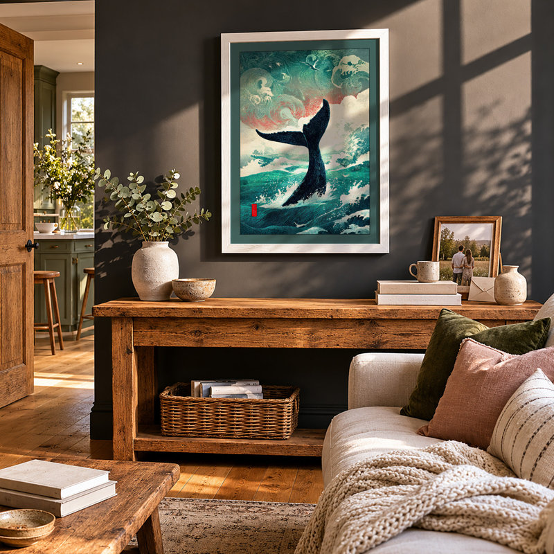 Whale Tail Rising Coastal 1 Piece Single Picture Frame Wall Art, A2 - 59.4 x 42.0 cm, White