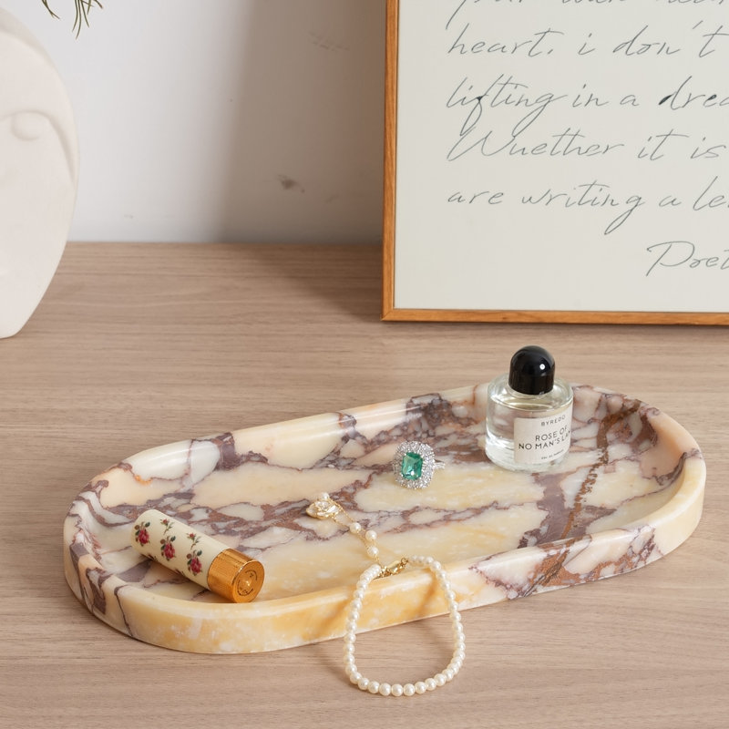 Natural Marble Tray, Oval Decorative Vanity Organizer for Home Decor
