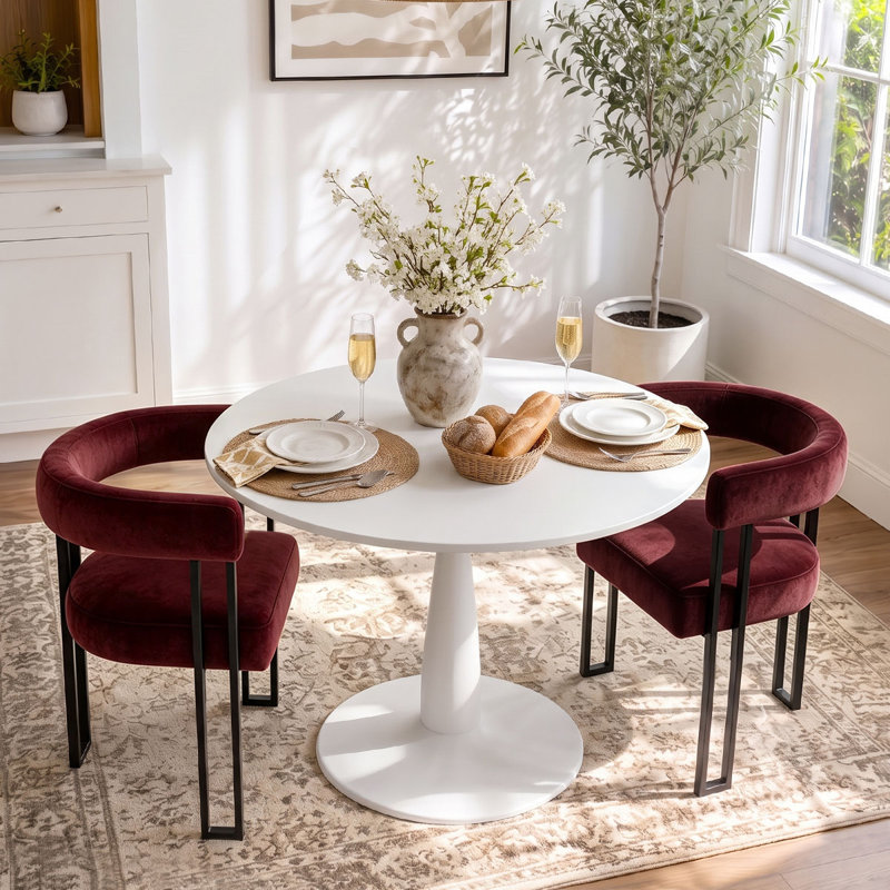 Ensemble de table de salle à manger pour 2 personnes avec table ronde et 2 fauteuils rembourrés en velours, Bordeau/noir