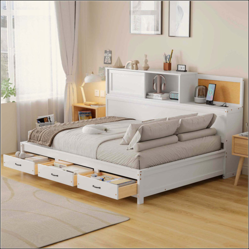 Lit de jour en bois avec 3 tiroirs de rangement, tableau souple supérieur, tablette et ensemble de prises et ports USB