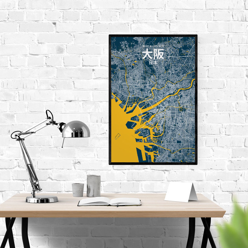 Osaka (japonais), carte de la ville en impression de luxe, H 36 po x l 24 po, Bleu / Jaune