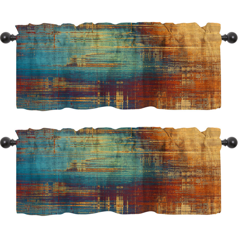 Vintage Grunge Yellow Beige Brown Blue Cyan 52" W Window Valance (Set Of 2)