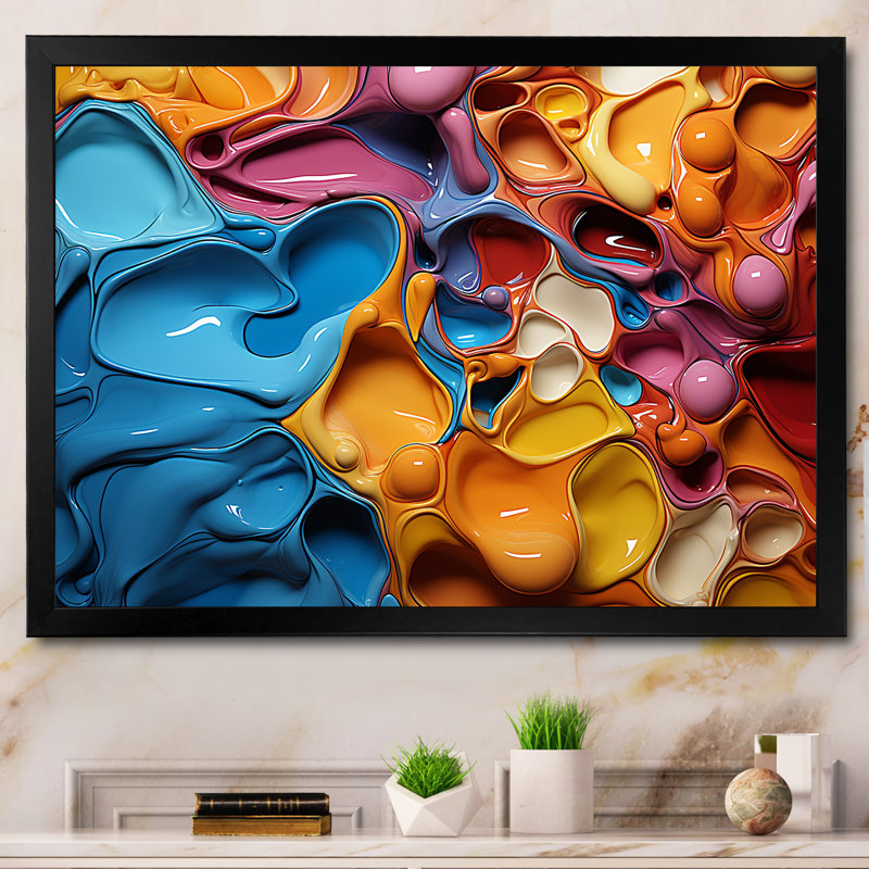 Décoration murale symphonique orange et bleue I - Collages abstraits, décoration murale, Cadre simple noir