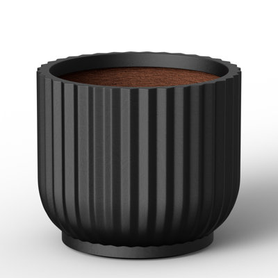 14 in. Medium Matte Black(Upgraded Interior) Concrete Round Planter / Pot Ribbed Design Planter with Drainage Hole