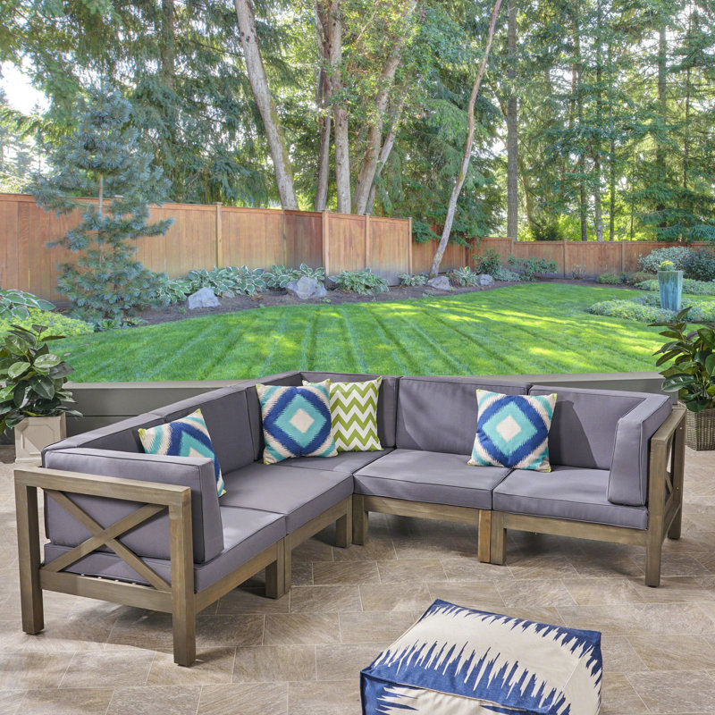 Luthersville Acacia 5 - Person Modular Patio Conversation Set with Cushions, Gray Finish Frame / Dark Gray Cushion