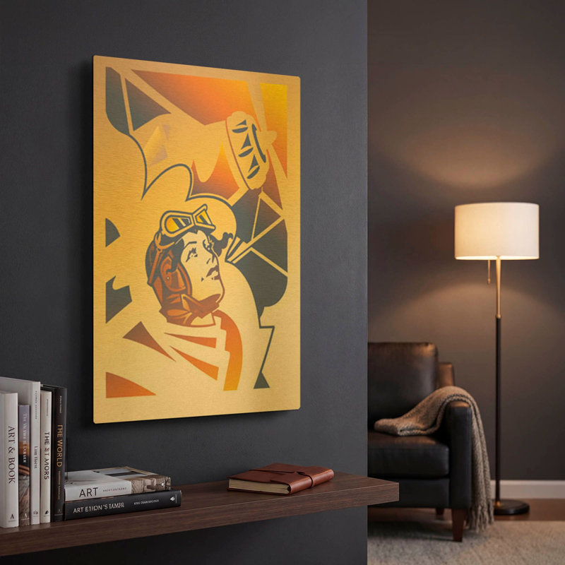 «Amelia Erhart» par David Chestnutt, art mural en métal doré, 12 po x 16 po, 12 po x 16 po