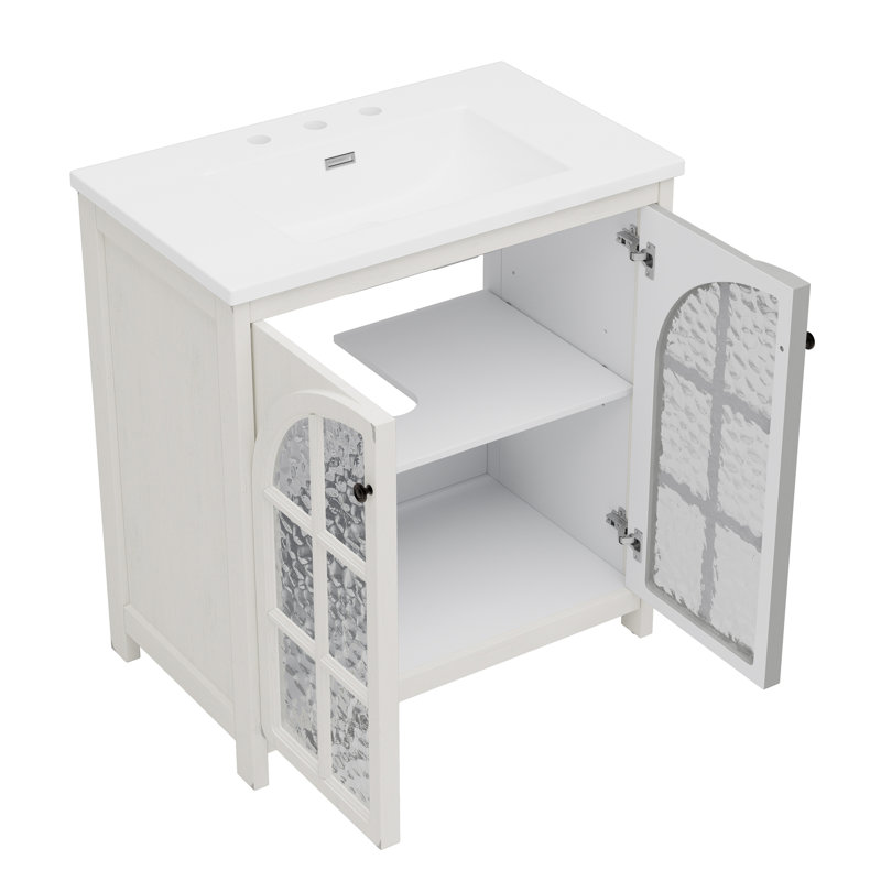 Meuble-lavabo Farmhouse avec lavabo en céramique, Blanc antique