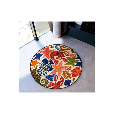 Tapis rond rond multicolore à motif tissé à motif d'étoile de mer et de poisson lavable à la machine