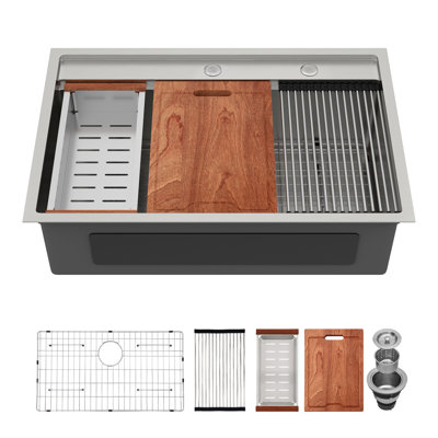33"x 22" Drop In Kitchen Sink Single Bowl Stainless Steel Brushed Workstation Sink with Faucet Hole