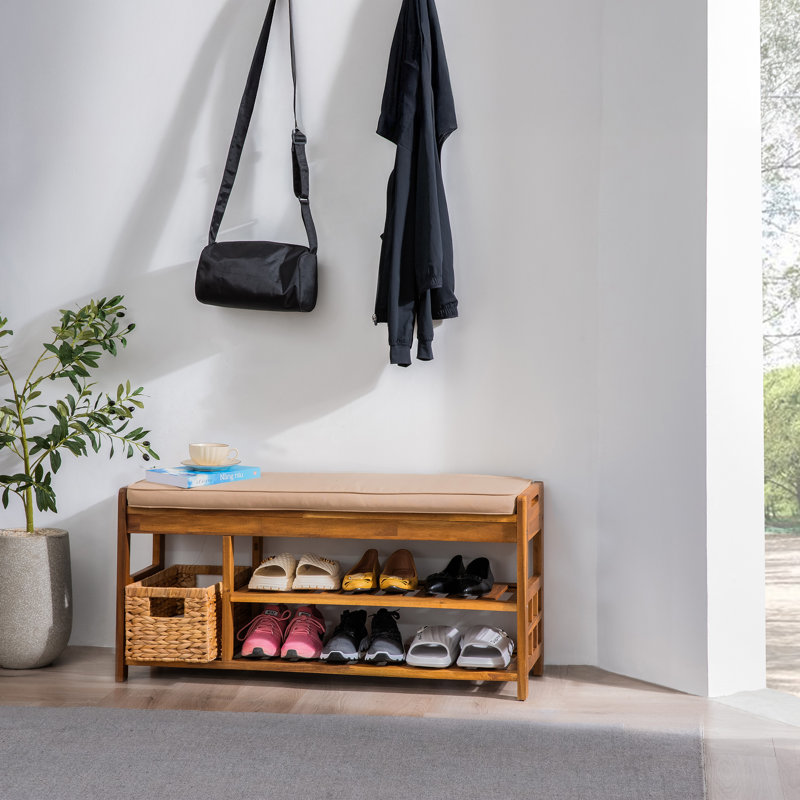 Solid Wood Shoe Storage Bench with Cushion, Brown