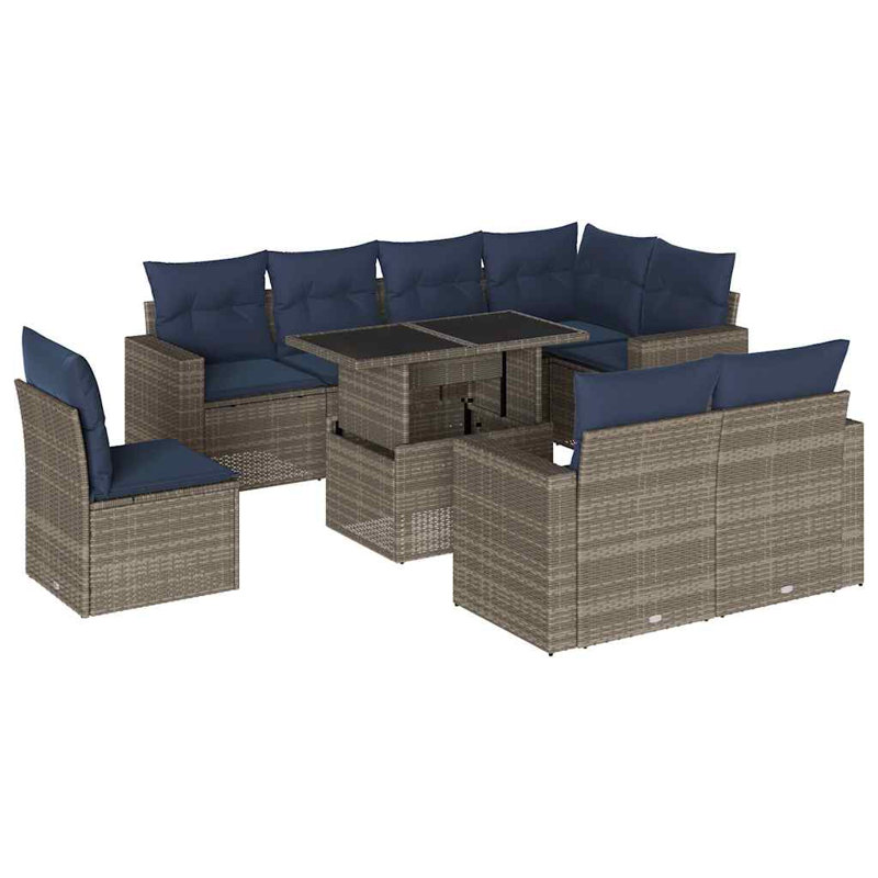  Ensemble de canapé de patio 9 pièces avec coussins en rotin de polyester noir, Gris, Marine