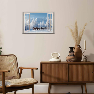 Grande toile d'hiver, art mural, fenêtre ouverte, neige, course, chevaux, montagne, paysage, peinture, impressions pour salon, chambre à coucher, bureau, décoration, 24 po x 36 po