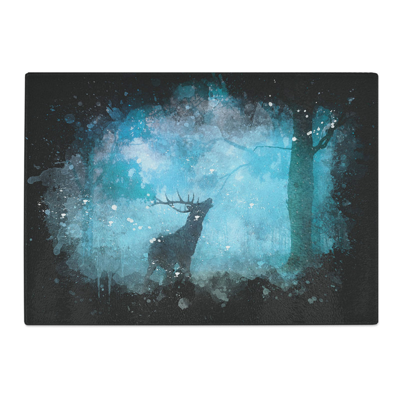 Tempered Glass Deer Stag in a Blue Forest Chopping Board, 20 cm x 28.5 cm