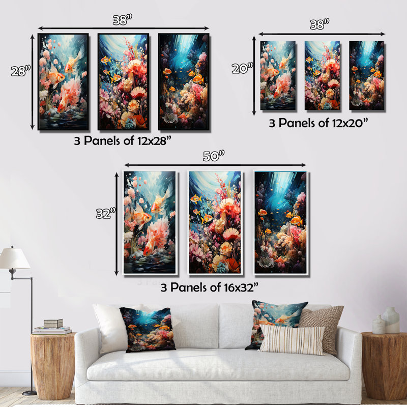 «Aquariums Enchanted Waters Pointillism», 3 pièces, Encadré naturel, H 32 po x l 48 po