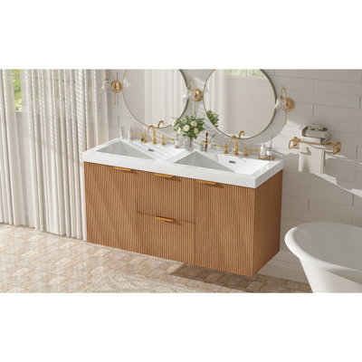 Meuble-lavabo double 47,24 pouces avec comptoir en bois massif, armoire en panneau de fibres à densité moyenne, portes à fermeture en douceur, tiroirs divisés, meuble-lavabo mural moderne