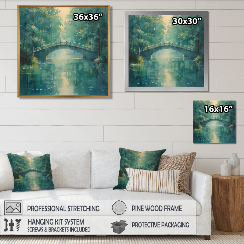 «Green Beige River Crossing Park Bridge II», reproduction d'art mural, Toile encadrée noire simple