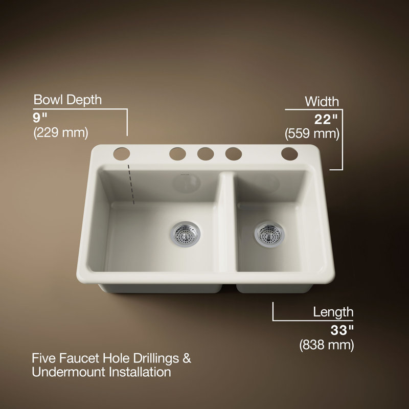 Riverby® 33" x 22" x 9.625" Under-Mount Double-Equal Kitchen Sink with Accessories and 5 Oversized Faucet Holes, Biscuit