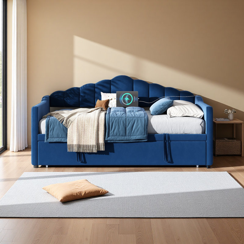 Lit de jour rembourré simple avec lit gigogne escamotable à hauteur réglable et port de charge USB et Type-C, structure de lit de jour avec 2 poches latérales, aucun sommier nécessaire