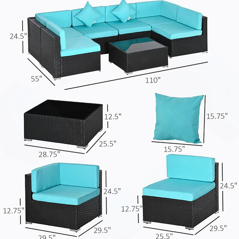 Ensembles de conversation d'extérieur, ensemble de canapé modulaire d'extérieur avec coussins, Turquoise, Marron foncé