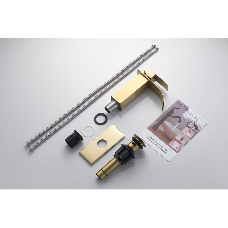 Waterfall Single Handle Single Hole Low-Arc Bathroom Faucet Drip-Free Vanity Sink Faucet With Drain Kit, Brushed Gold