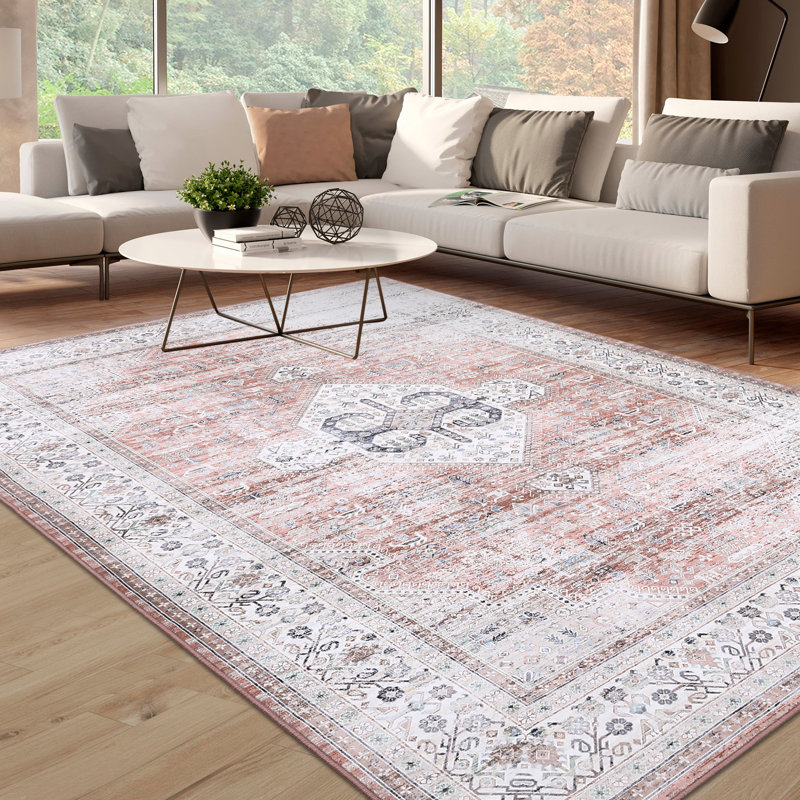 Oriental Machine Washable Rug with Rubber Backing for Living Room Vintage Non-Slip Dining Room Rug Easy-Cleaning Floor Carpet for Bedroom