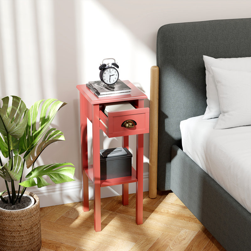 2-Tier Side Table With Drawer, Narrow End Table With Bottom Shelf, For Living Room, Set Of 2, Red