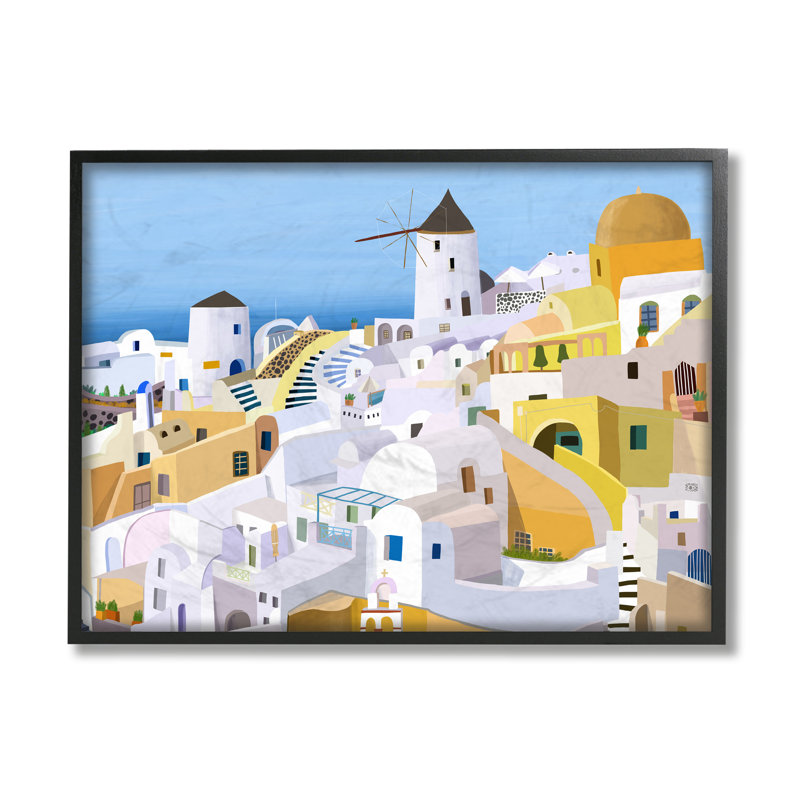 «Seaside Greek Cityscape White Yellow Buildings» par Carla Daly - impression d'art graphique, H 24 po x l 30 po x 1,5 po