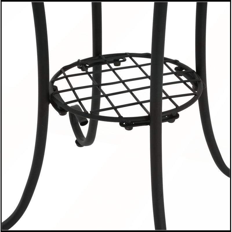 Table d'appoint de patio avec tablette, surface en céramique à motif floral, structure en acier thermolaqué, étagère circulaire à lattes de 35,5 cm de diamètre pour l'extérieur
