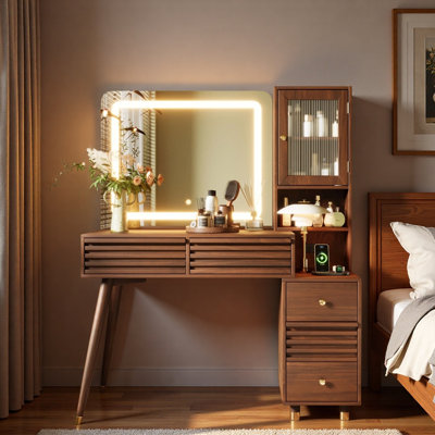 Bureau de maquillage avec miroir et lumières, 5 tiroirs, armoire de rangement en verre cannelé et prise de courant