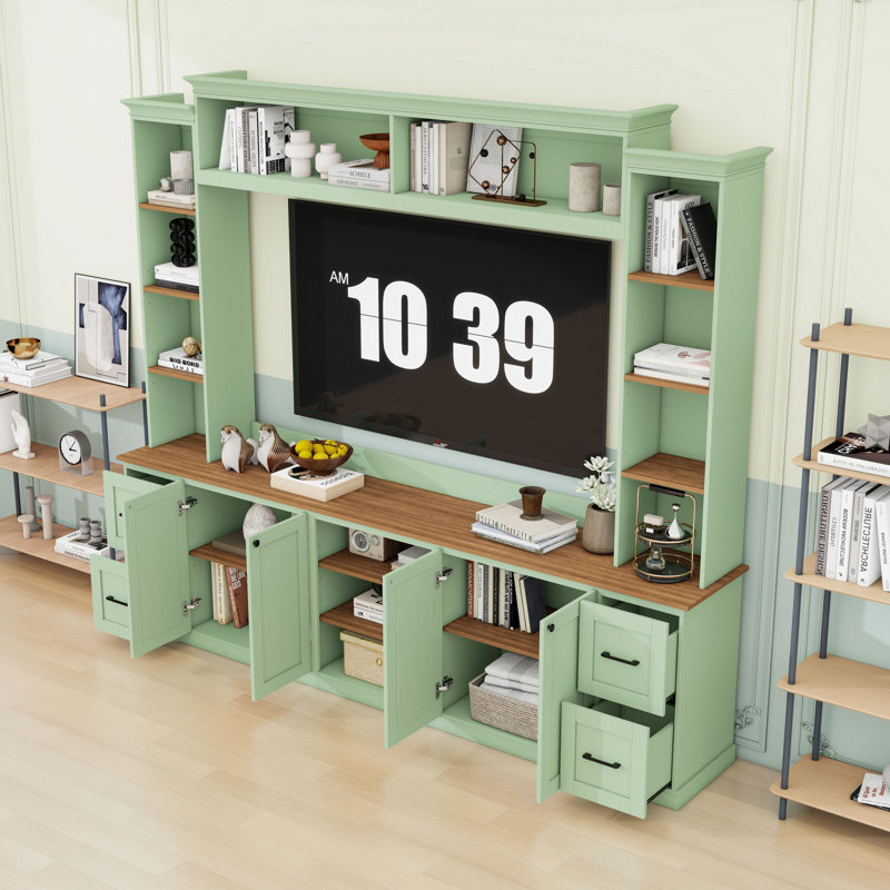 Meuble audio-vidéo avec rangement pour bibliothèque, tiroirs, armoires et tablettes réglables, Vert menthe