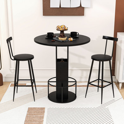 3-Piece Round Dining Table Set with Storage and 2 Bar Stools for Small Spaces