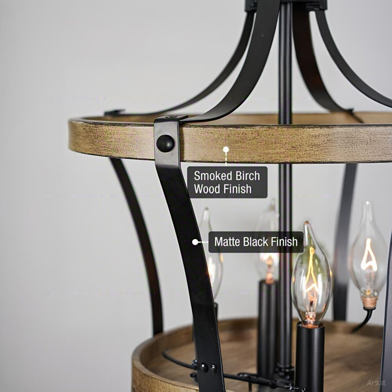 23" 4-Light Modern Rustic Pendant Chandelier, Open Cage Design + Wood Finish Metal Frame, Gray Oak