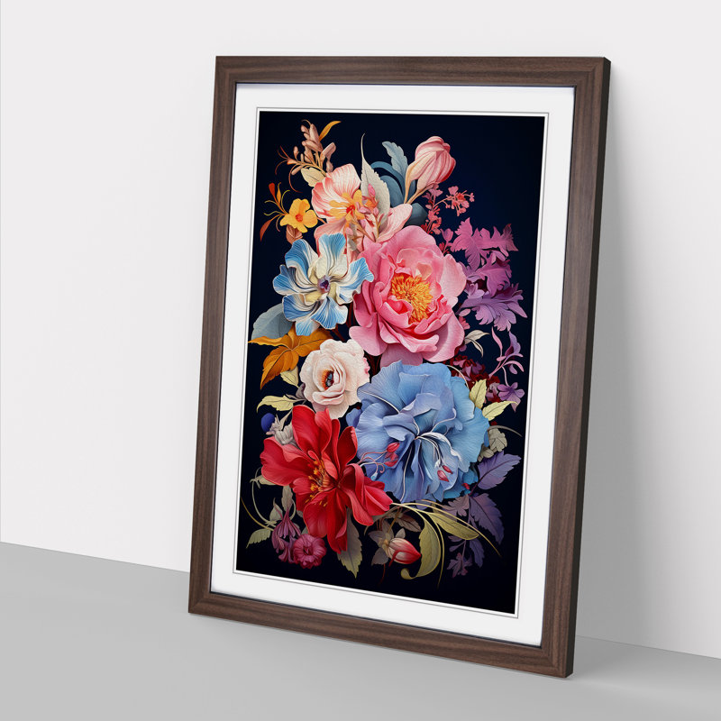 Floral Art Deco - Single Picture Frame Print on Wood, Walnut, 34cm H x 25cm W x 2cm D