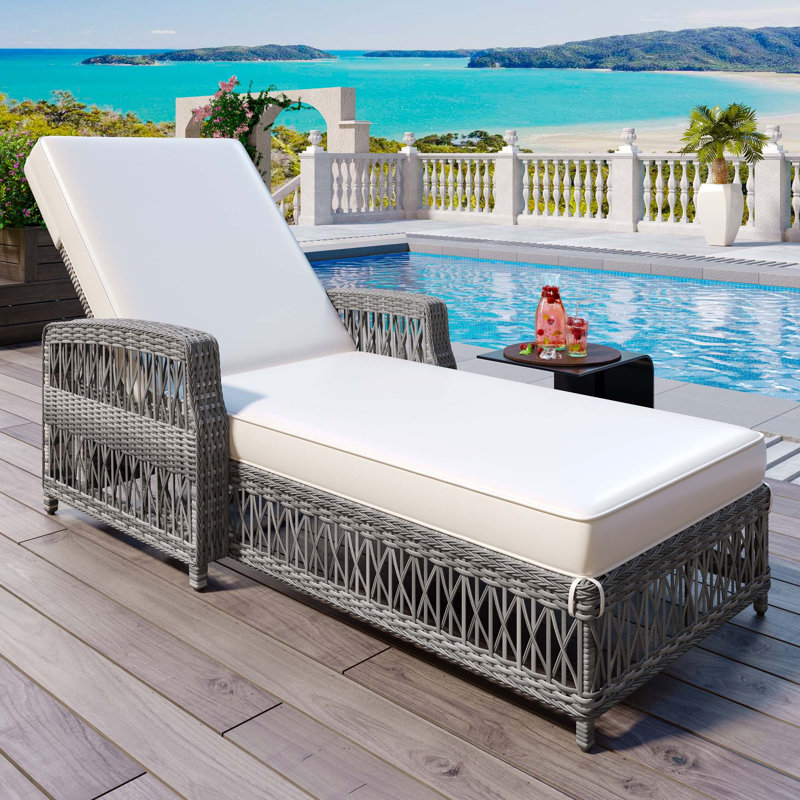 Outdoor Long Reclining Chaise, Wicker Lounge With Armrests, Patio Adjustable Recliner With Soft Removable Cushions, Beige