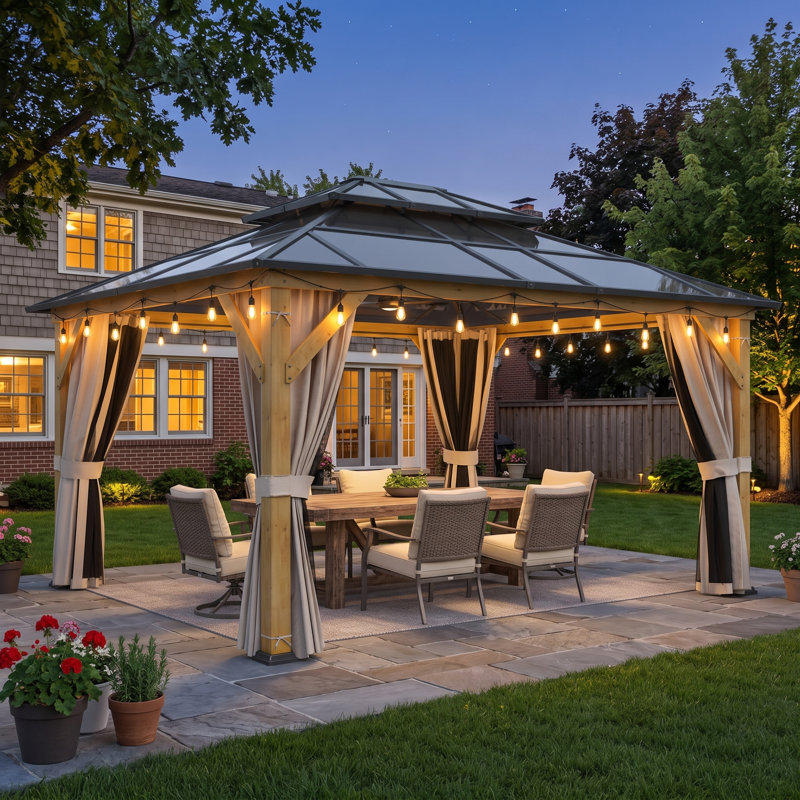 Gazebo rigide de 3,65 m x 4,25 m avec toit en polycarbonate, structure en bois et base renforcée, pavillon de patio extérieur avec rideaux coulissants et moustiquaire