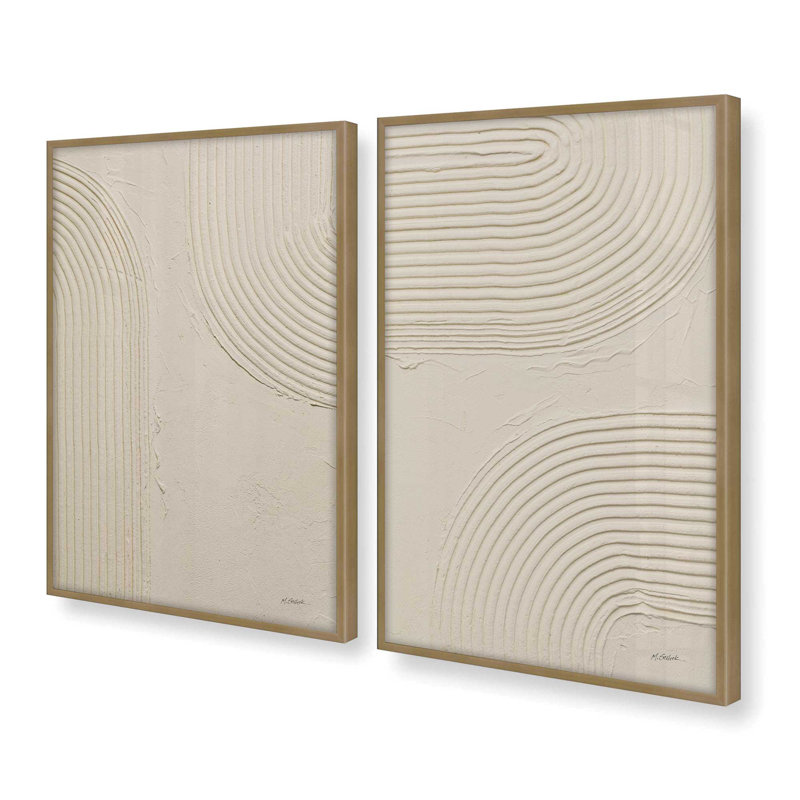 «Echoed Curves in Beige», ensemble de 2 impressions, 10 po x 8 po, Cadre doré brossé, H 15,5 po x l 23,5 po x P 1,25 po