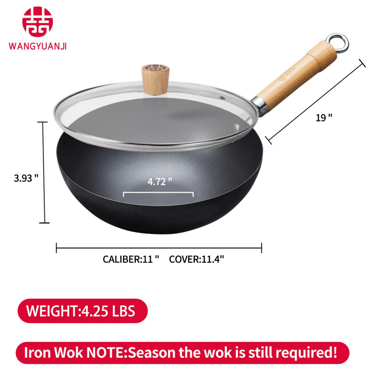 WANGYUANJI 2 in 1 Cast Iron Wok Flat Bottom Woks and Stir Fry Pans