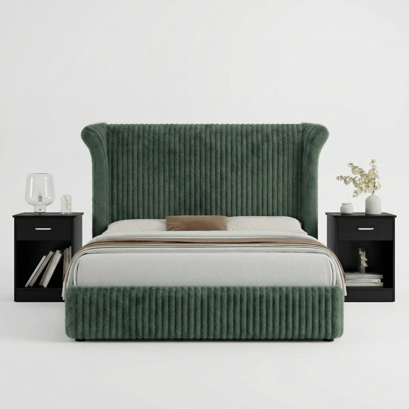 Ensemble de chambre à coucher moderne 3 pièces, lit à oreilles haut vert de 55 po avec éclairage intégré et tables de chevet à 1 tiroir
