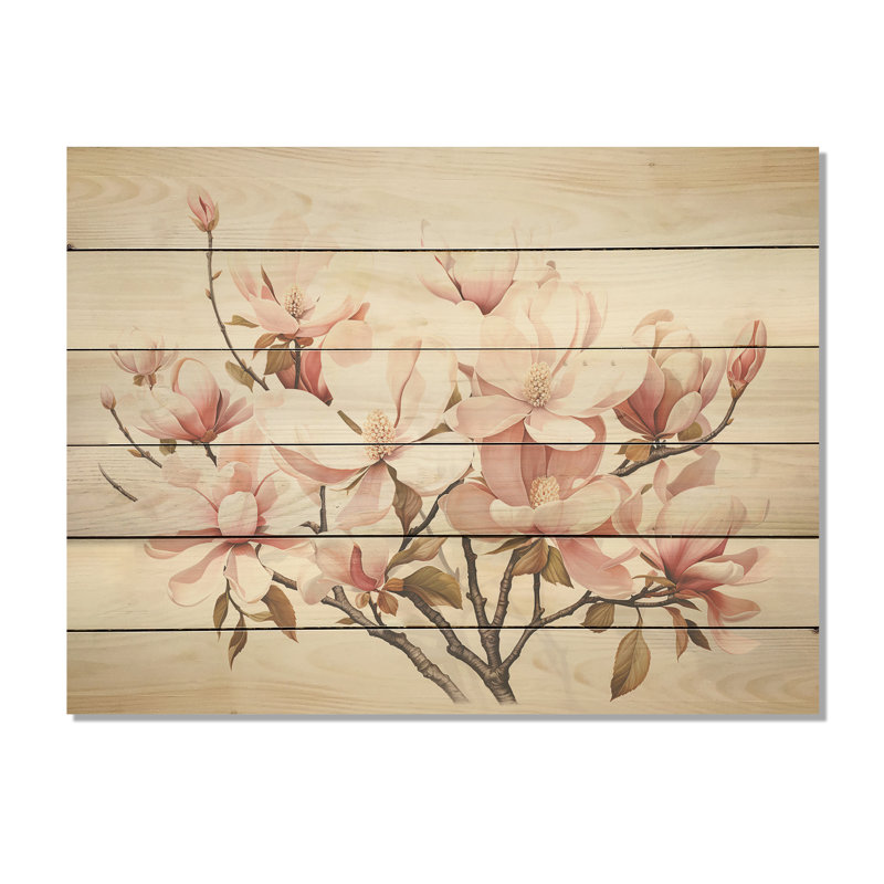Magnolias Minimalism Dream I - Magnolias Wood Wall Art On Natural Pine Wood, 10" H x 20" W