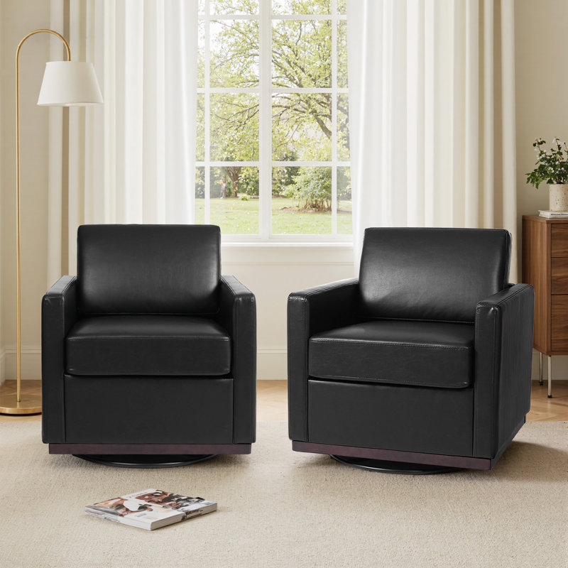 Modern Upholstered Black Faux Leather Square Swivel Armchair with Matel Base (Set of 2), Black Faux Leather