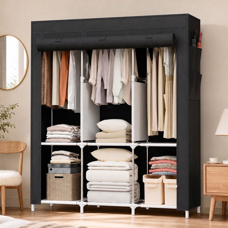 Garde-robe portatif, support à vêtements avec 3 tringles, 6 tablettes de rangement et une poche latérale, Noir