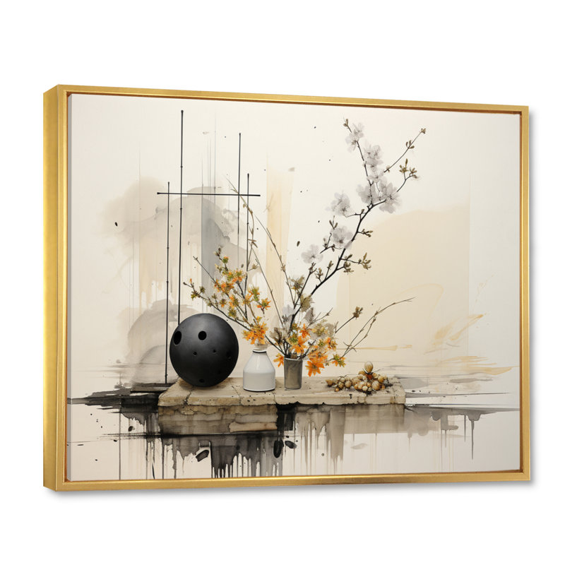 Art asiatique, oiseau Sumi Serenity XV - impression, Cadre flottant doré, H 34 po x l 44 po x P 1,5 po