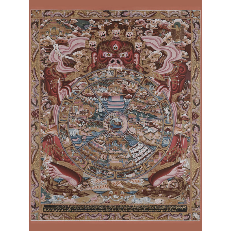 «Roue de la vie» peinte à la main (mandala Kalachakra) Thangka | Toile de coton 26,4 po x l 21,7 po avec détails dorés à 24 carats