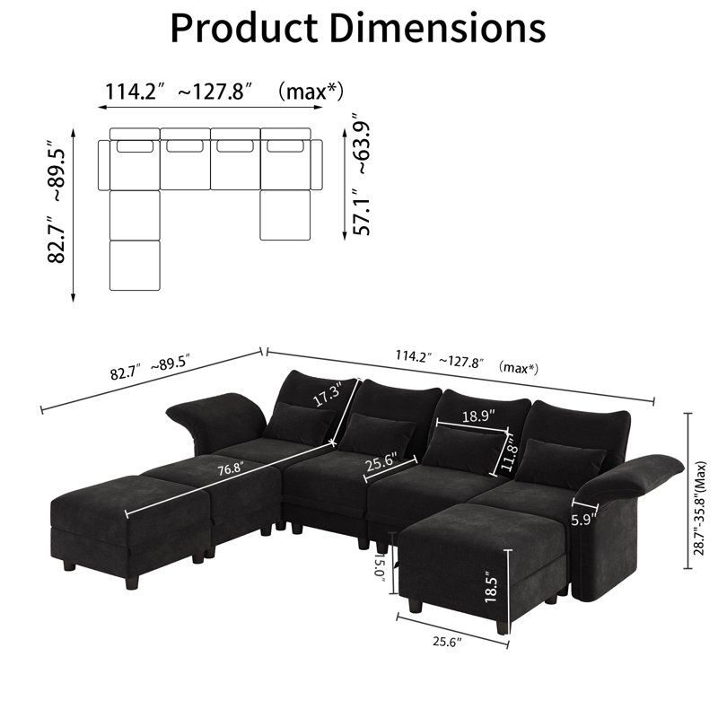 Ensemble de 7 pièces avec rangement Harlaii 102 po, Velours noir