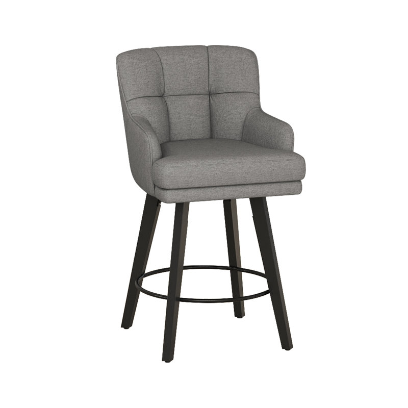 26''H Upholstered 360°Swivel Counter Height Bar Stools, Wood Legs Kitchen Island Chairs, 3, Mid Gray Seat/ Black Frame