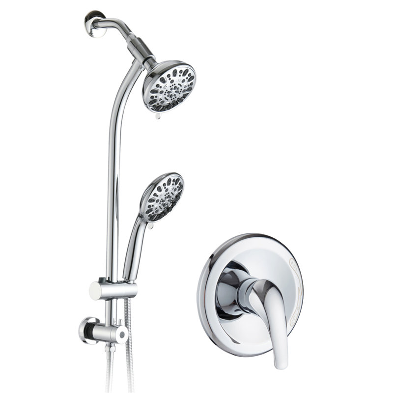 Drill-Free Stainless Steel Slide Bar Combo Rain Showerhead 7-Setting Hand, Dual Shower Head Spa System (Rough-In Valve Included)