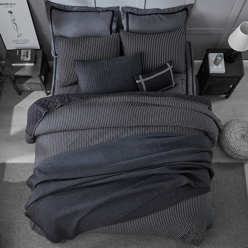 Pinstripe Black Cotton Reversible Full Quilt Set