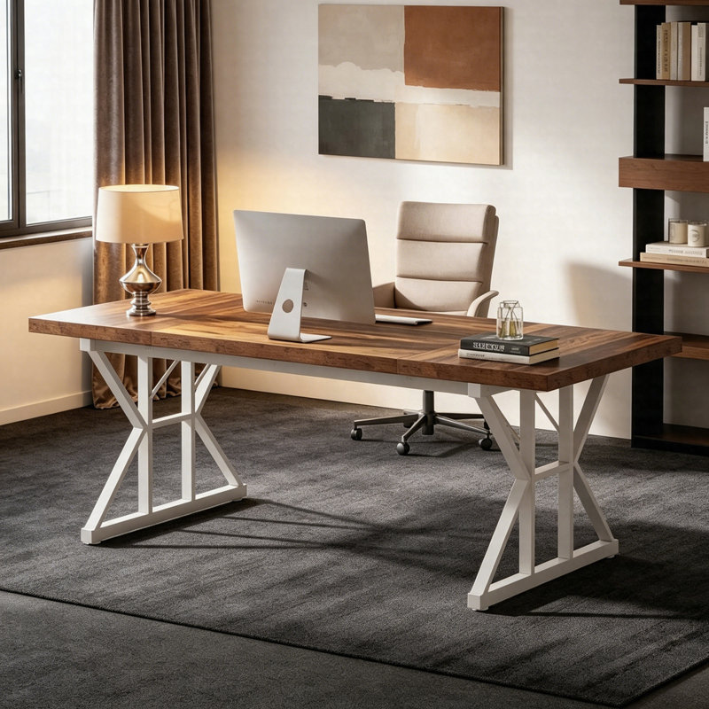 70.86" Executive Desk, Industrial Style Computer Desk For Home Office, Brown/White