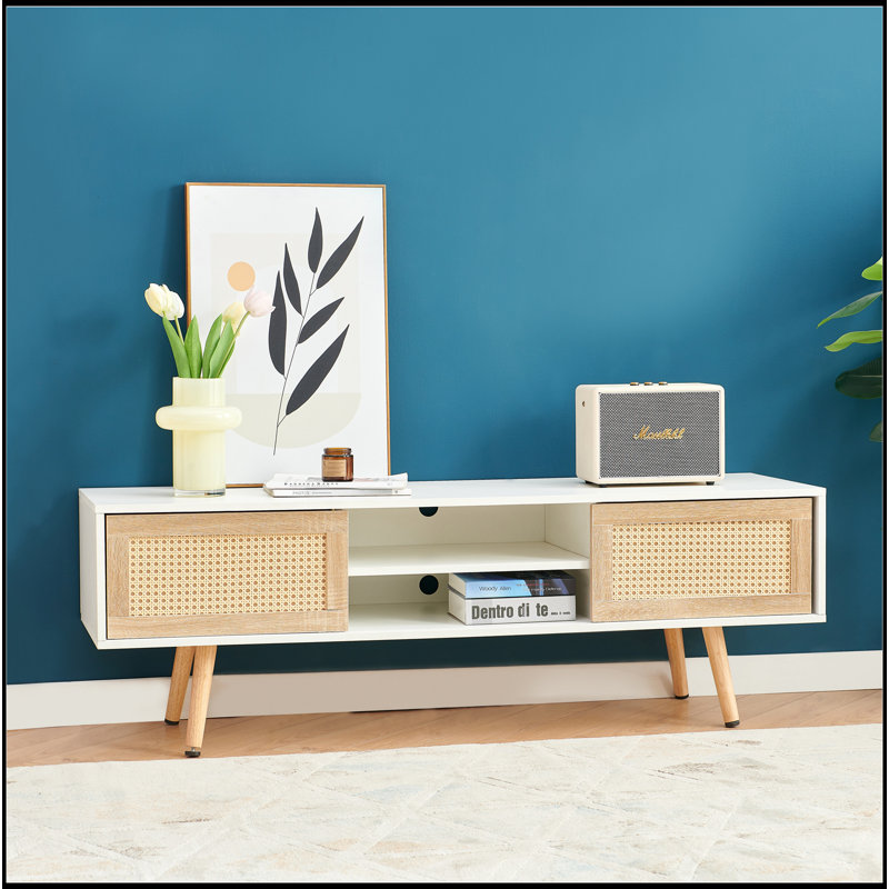 Meuble télé 55,25 po en rotin, portes coulissantes doubles pour rangement, tablette réglable, pieds en bois massif, console télé pour le salon, blanc