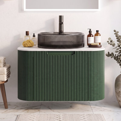 Ensemble de meuble-lavabo mural 24 po avec lavabo, armoire de rangement contreplaqué vert rayé à bord arrondi rayé avec tiroir, lavabo rond en verre noir transparent et plateau en pierre frittée blanc Carrara